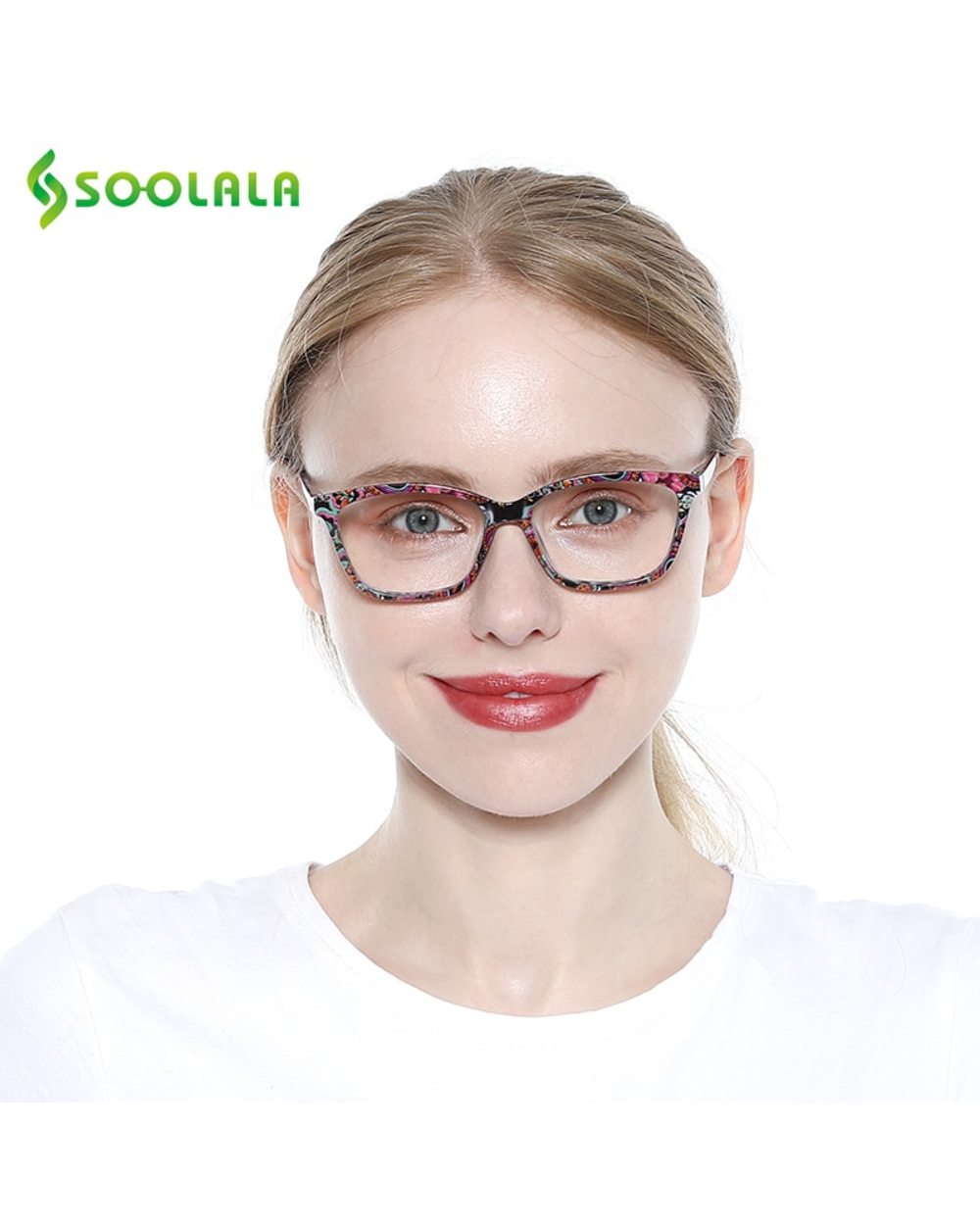 Soolala Square Spring Hinge Floral Printed Anti Blue Light Reading Glasses Women Presbyopic Glasses With Cases +0.5 +0. front-4