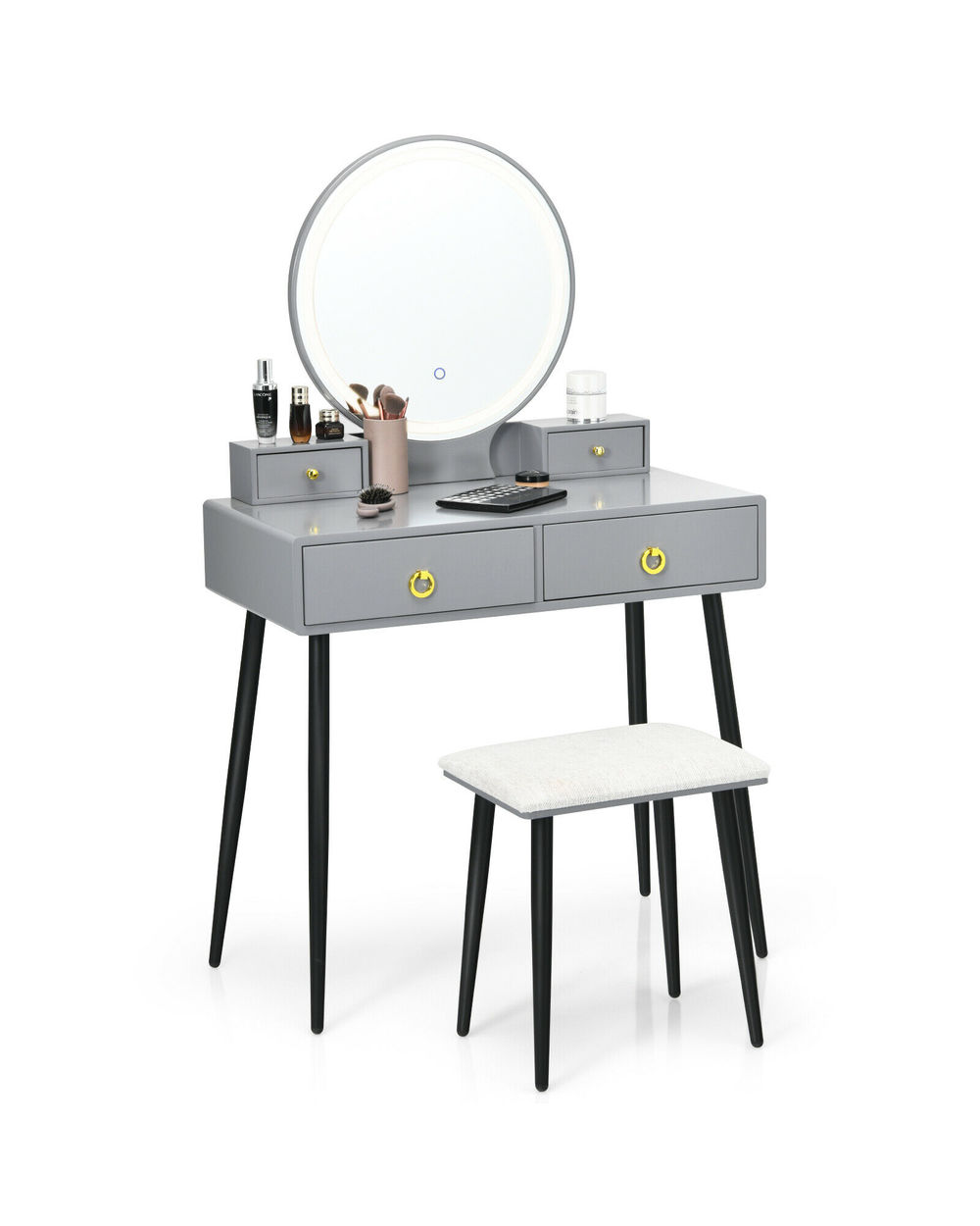 Vanity Makeup Dressing Table Stool Set 3-Color lighted Mirror front-0