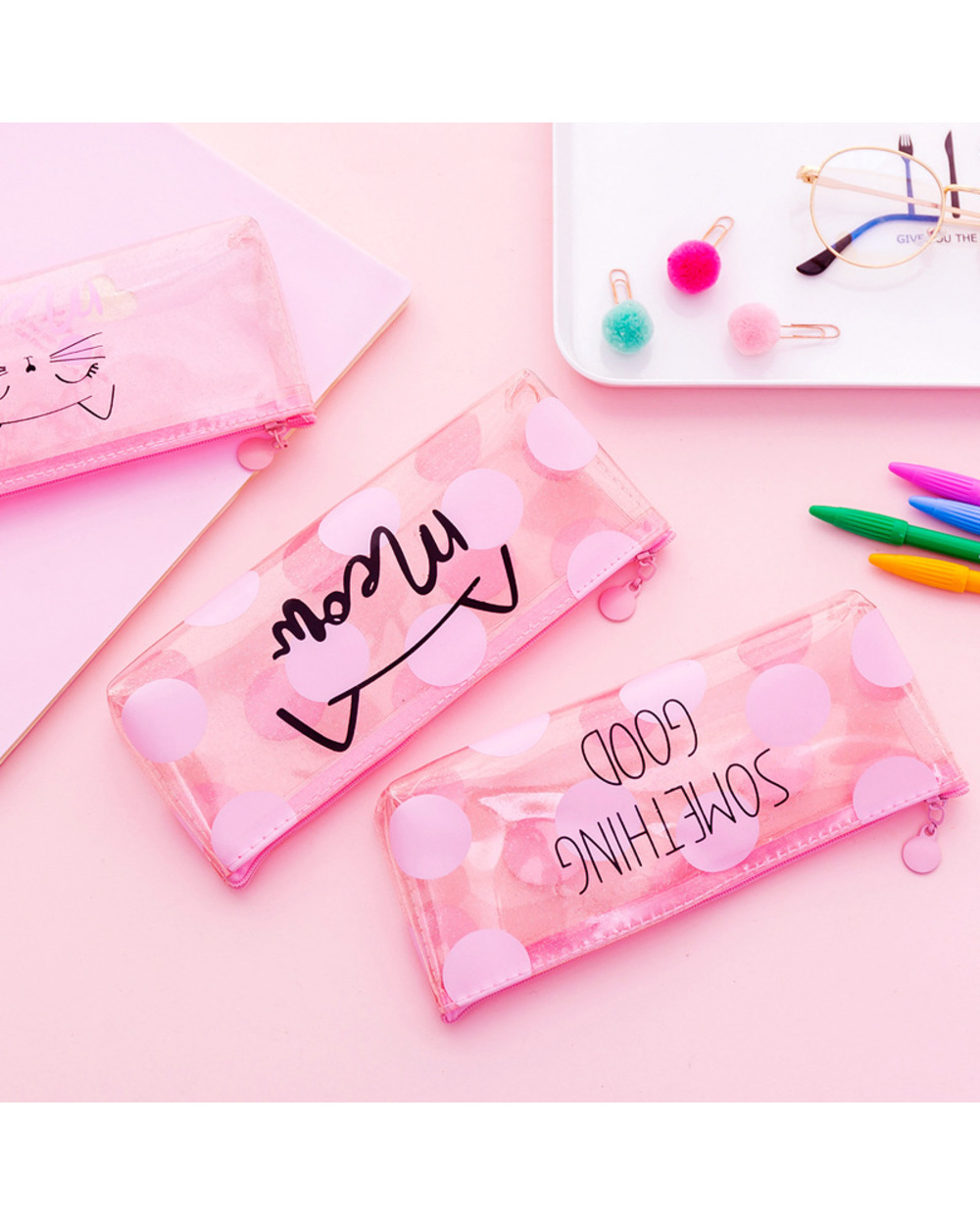 Cute Kawaii Pink Cat Pencil Case School Supplies For Girls Stationery Gift Large Pencil Bag Transparent Pen Bag School front-2