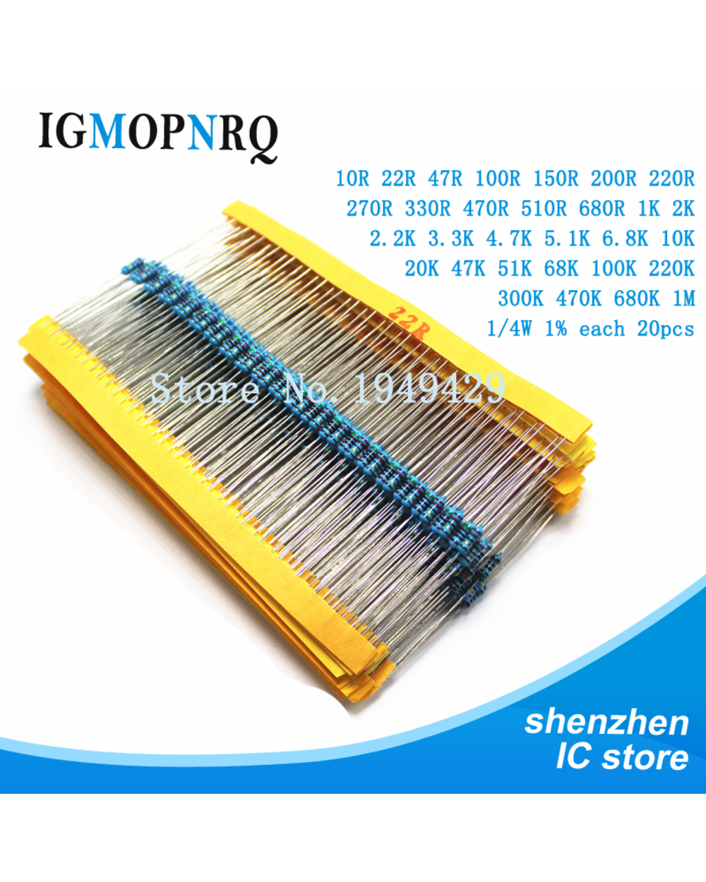 600Pcs/Set 30 Kinds 1/4W Resistance 1% Metal Film Resistor Pack Assorted Kit 1K 10K 100K 220Ohm 1M Resistors 300Pcs/Set front-4