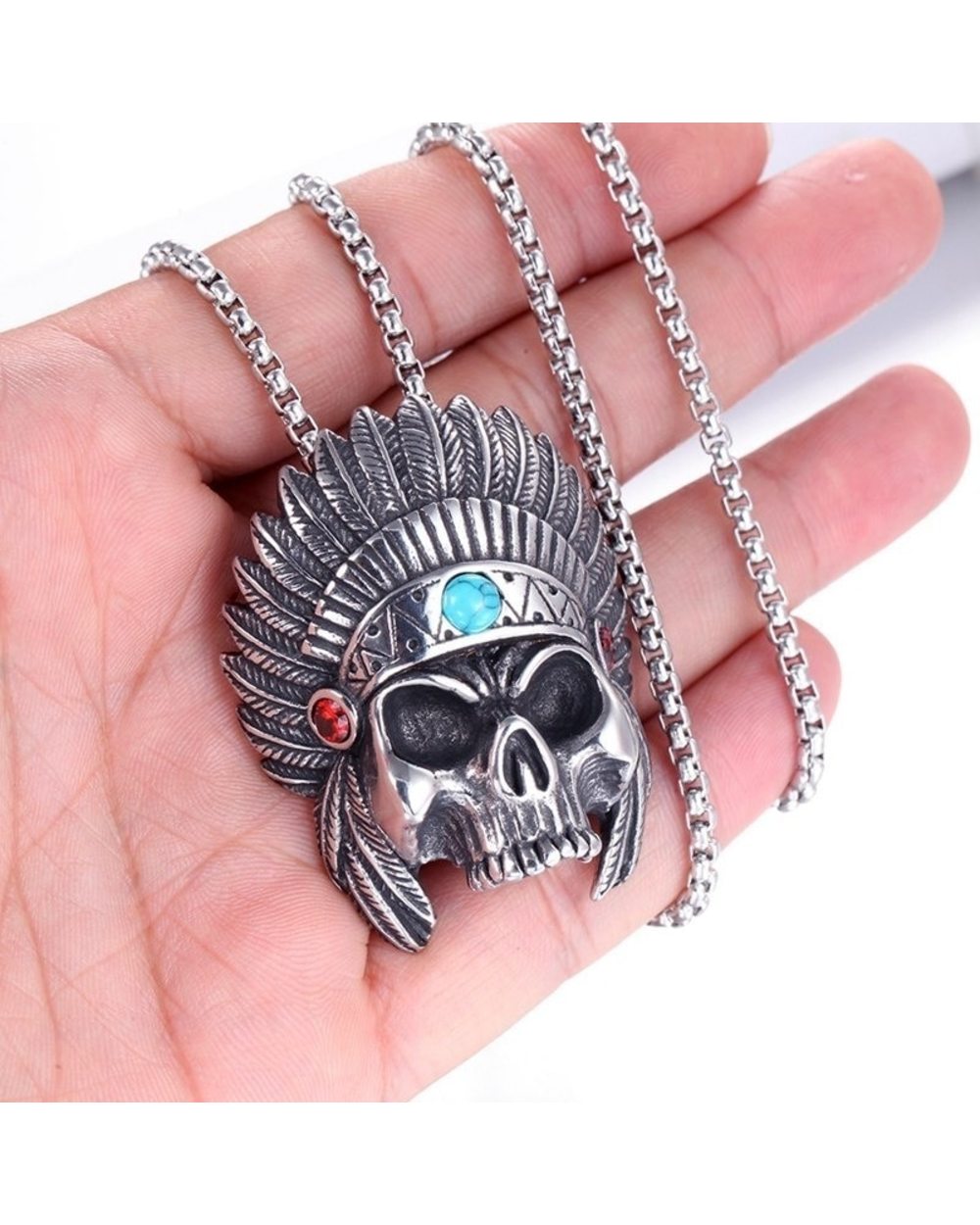 Skull Head African Chief Pendant Necklace Men's Necklace Vintage Sliding Metal Silver Plated Skeleton front-0