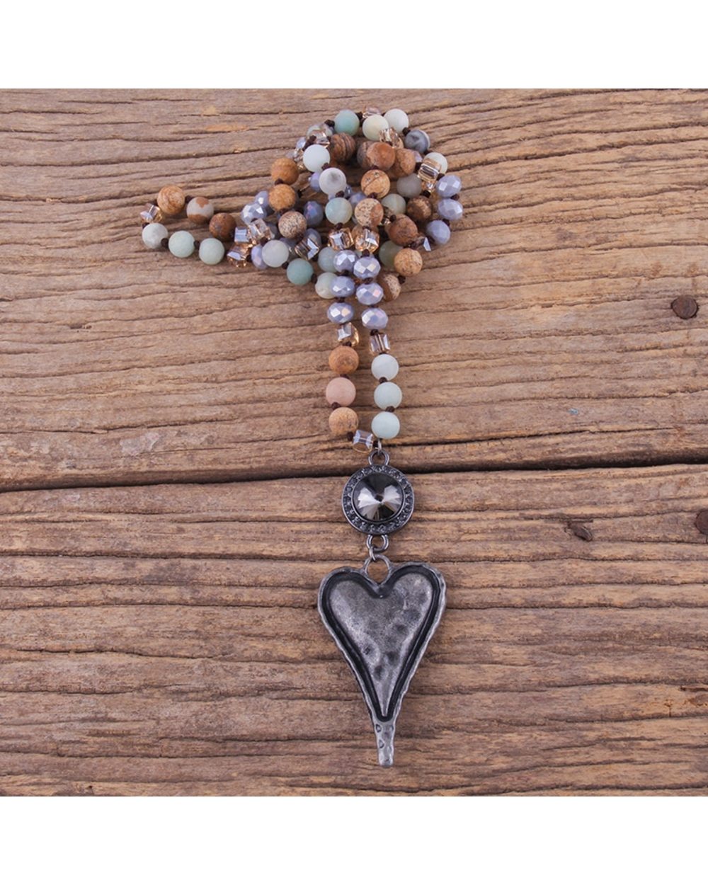 Bohemian Tribal Long Knotted Chain Crystal Links Metal Heart Pendant Necklaces front-2