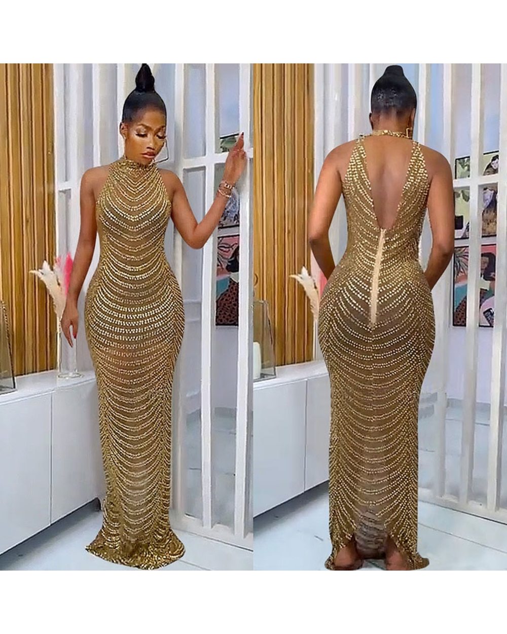 Sparkly Crystal Rhinestone Bodycon Maxi Wedding Evening Backless Mesh See Through Night Party Club Birthday Dress front-0