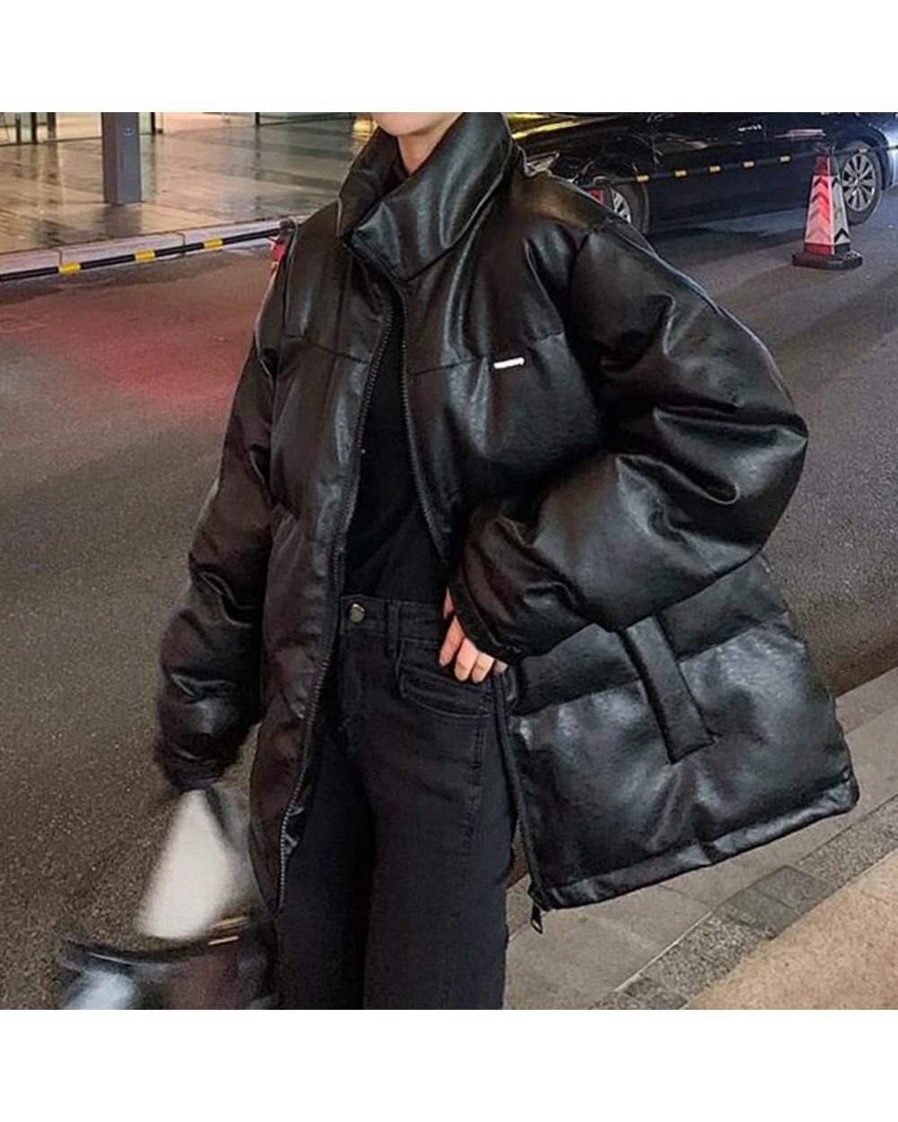 Faux Leather Jacket Women Puffer Parka Black Thick Korean Oversized Coat Female Outerwear front-1