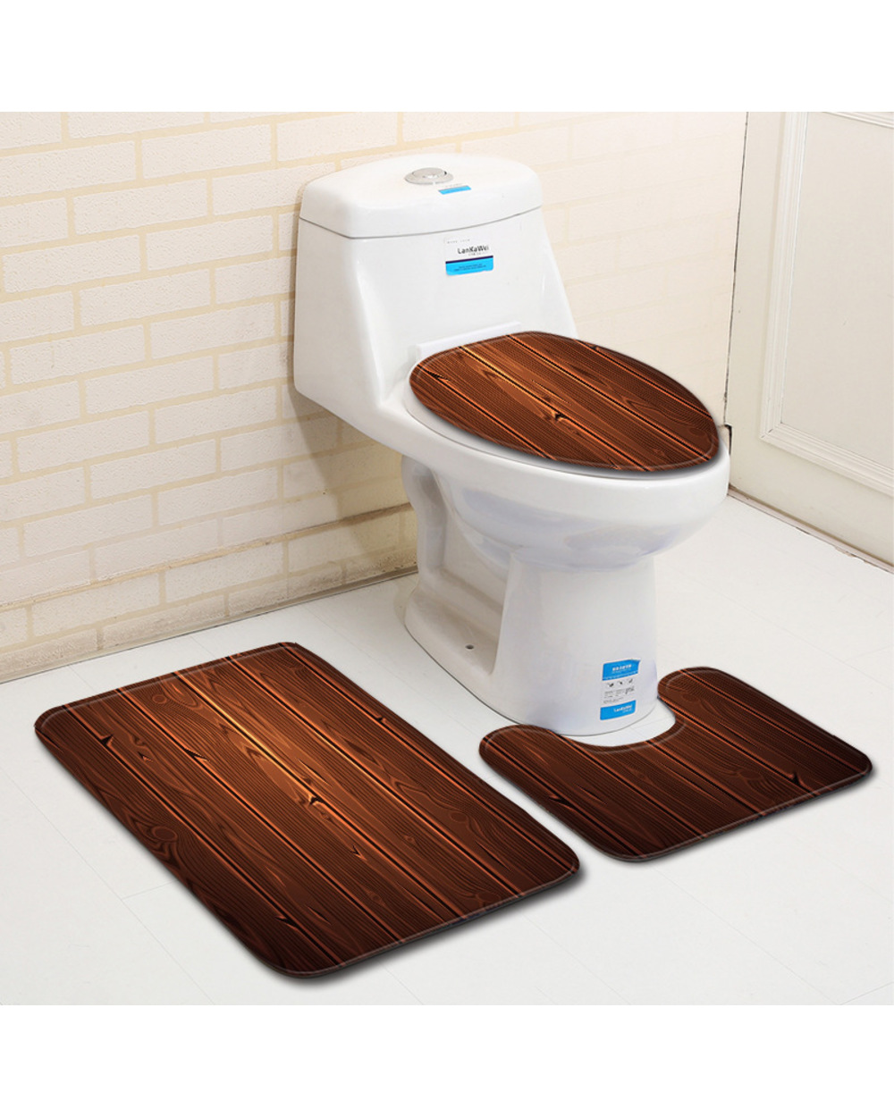 Zeegle 3Pcs Carpet For Bathroom Wood Printed Bath Mat 3Pcs Mats For Toilet Absorbent Bath Rugs Toilet Lid Cover Doormats front-3