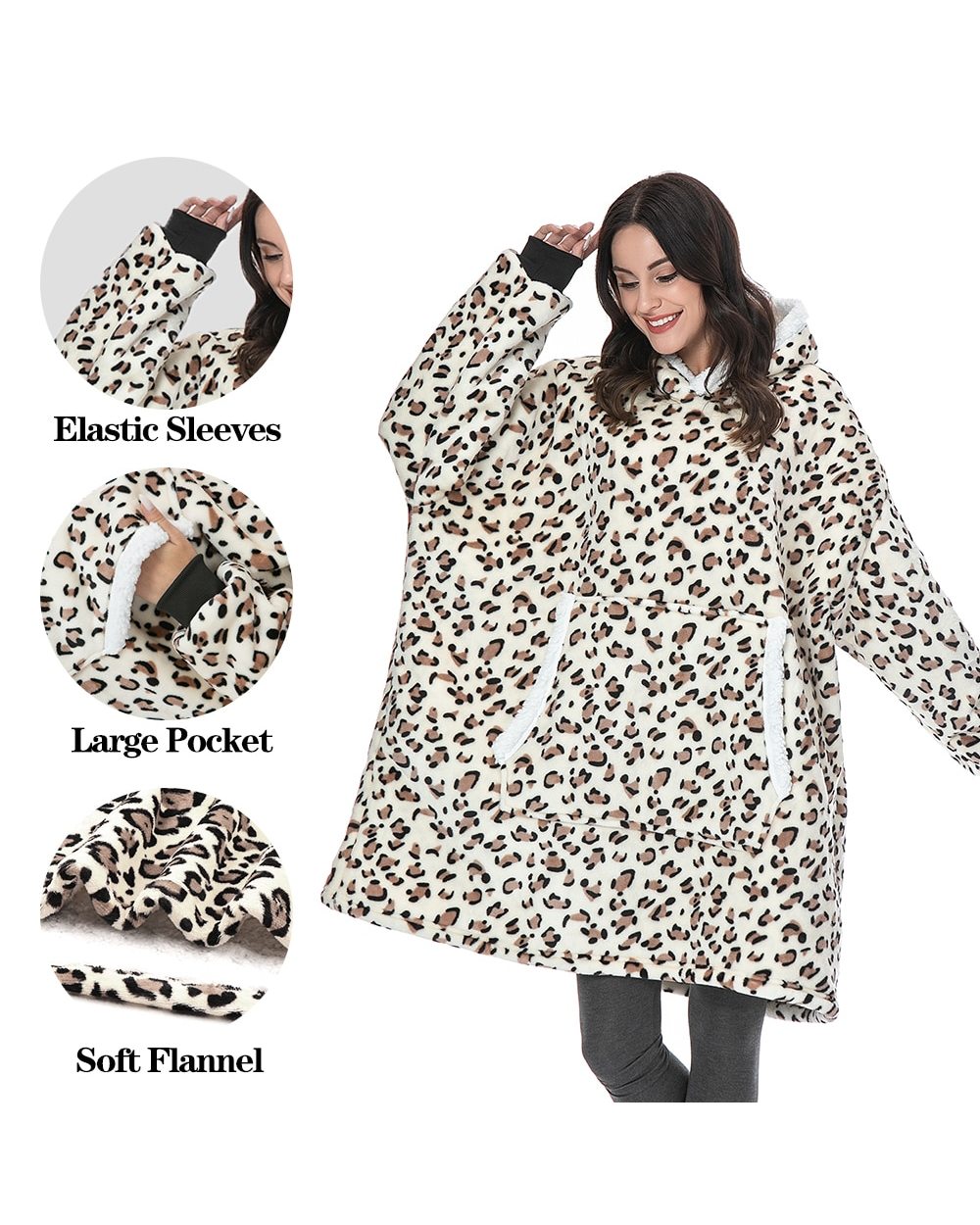 Leopard Fleece Hoodie Sweatshirt Women Oversized Hoodie Blanket With Sleeves and Pocket Oversize Pullover Sudaderas front-5