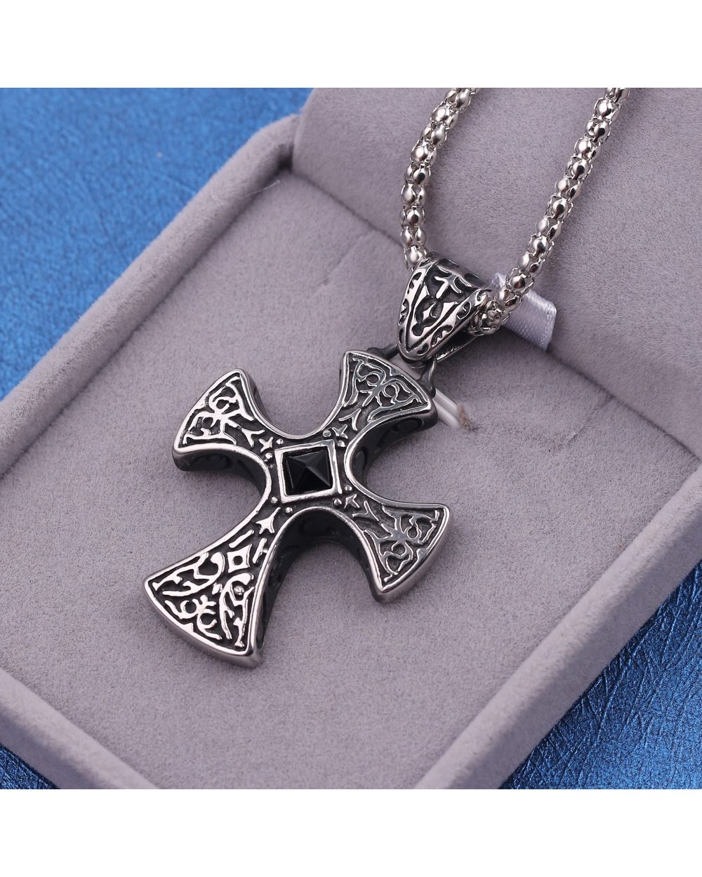 Retro Black Natural Stones Cross Charms Necklace front-0