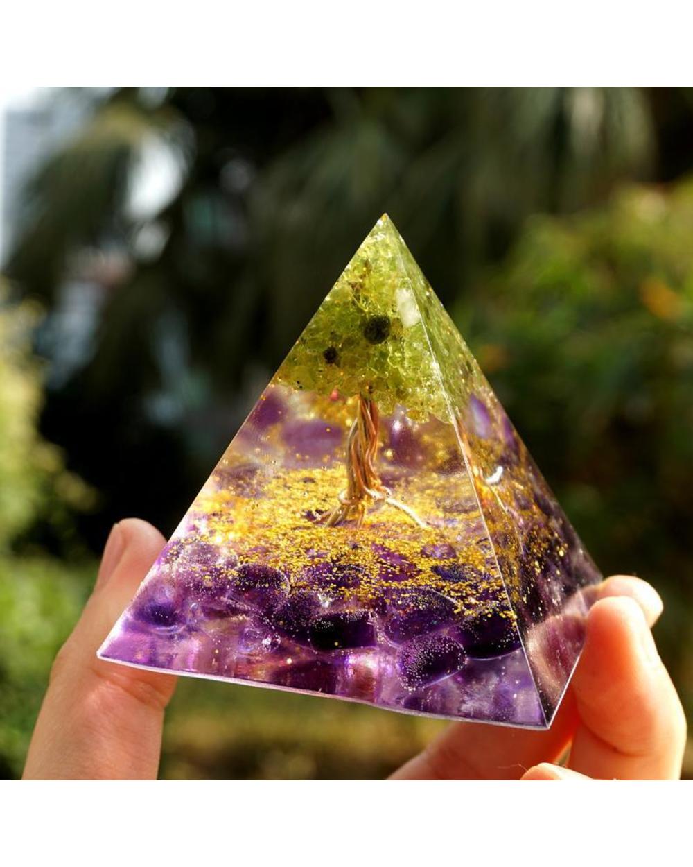 Tree Of Life Orgone Pyramid Amethyst Peridot Healing Crystal Energy Orgonite Pyramide Emf Protection Meditation Tool front-3
