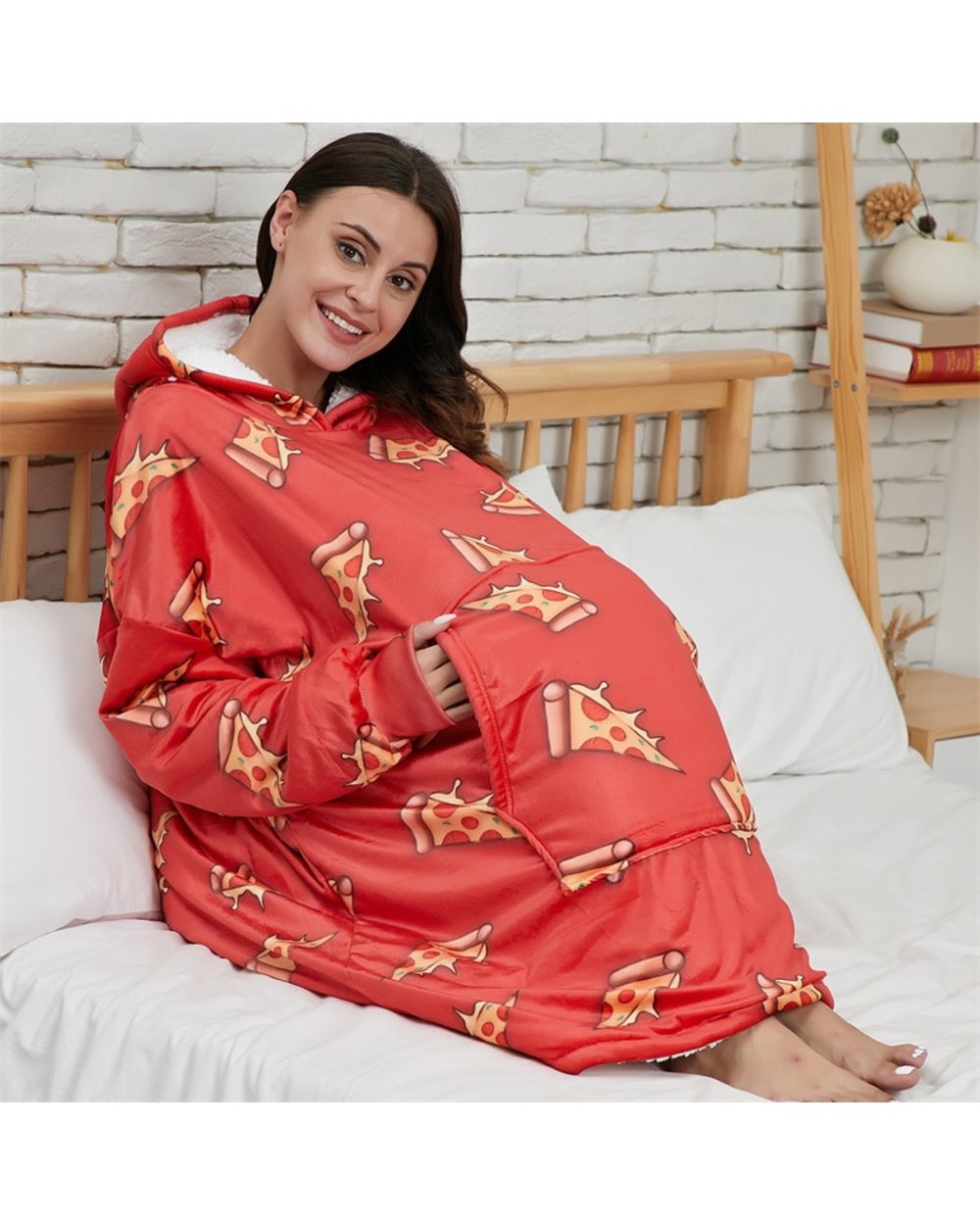 Pattern Print Blanket Hoodie Women Sherpa Fleece Sweatshirt Winter Pizza Oversized Hoodie Avocado Wearable Blanket front-3