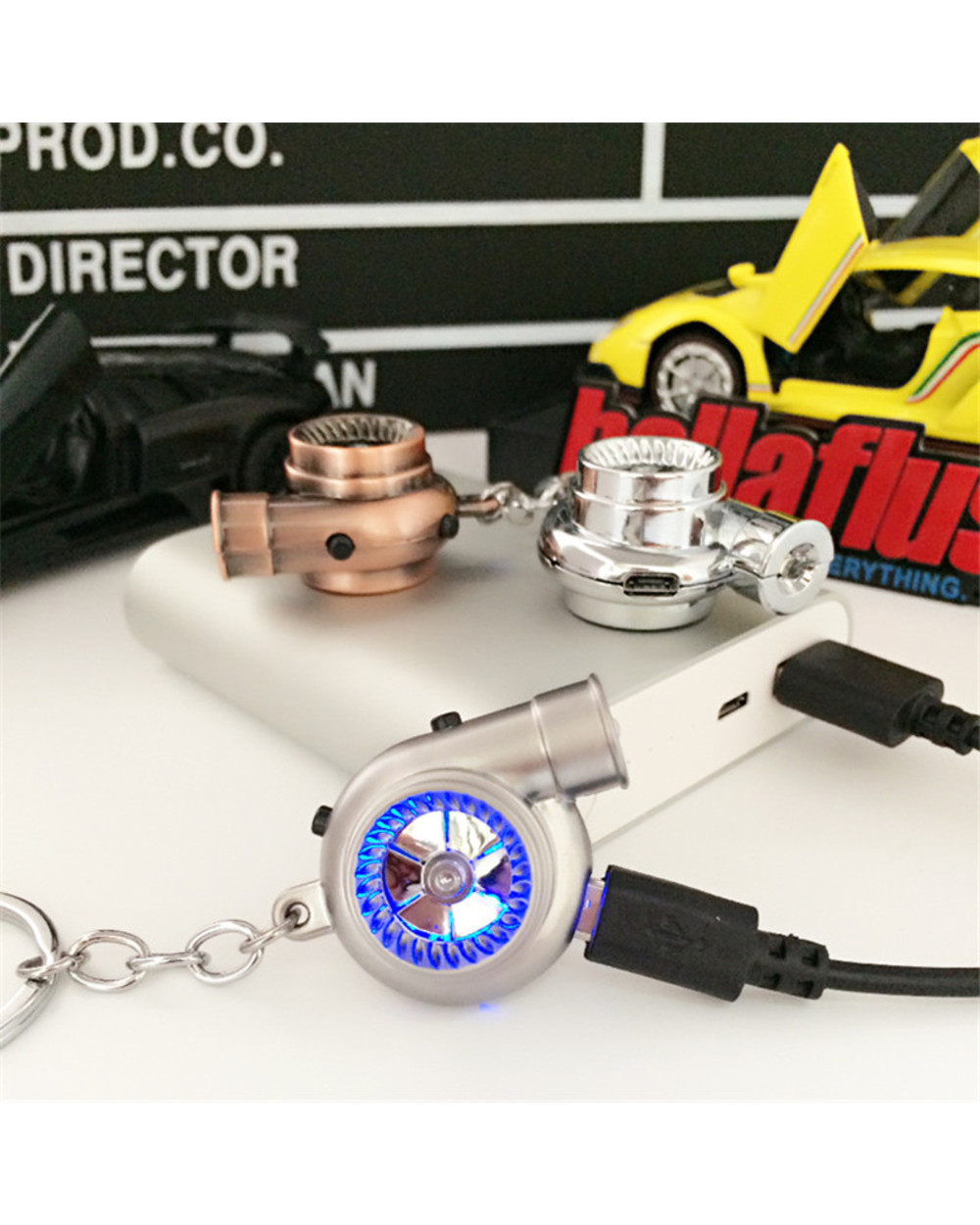 Led Mini Turbo Chargeable Keychain Spinning Turbine Sound Key Holder Key Fob Keyring Mens Gift Car Interior Accries Gif front-3