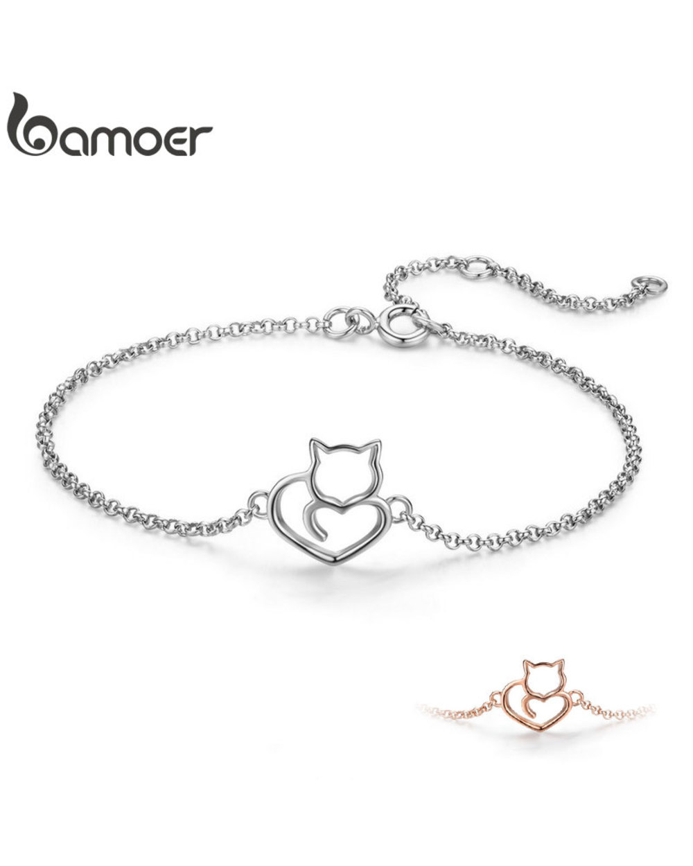Mainecoon Sterling Silver Cat And Heart Link Chain Bracelets Bangles for Women Authentic Silver Jewelry front-0