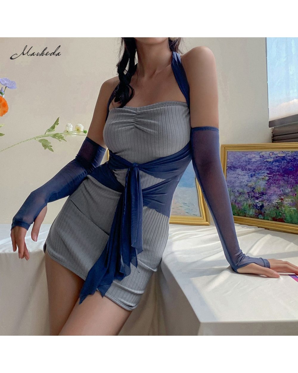 Summer Fashion Patchwork Slim Halter Dress Women Knitting Dress Blue Lace Up Bodycon Mini Dress Lady front-3