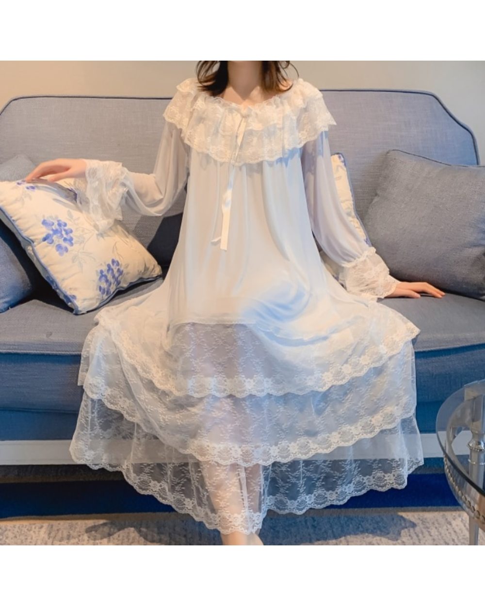 Women Night Dress Princess Sleepwear Multilayer Lace Mesh Romantic Nightgowns Nightdress Lounge Wear front-4