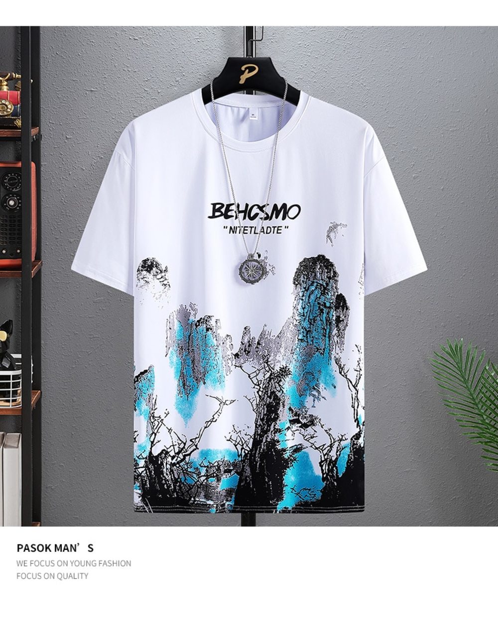 New casual T-shirt classic Chinese landscape painting print pattern round neck fashion hip-hop street lovers short sleev front-5