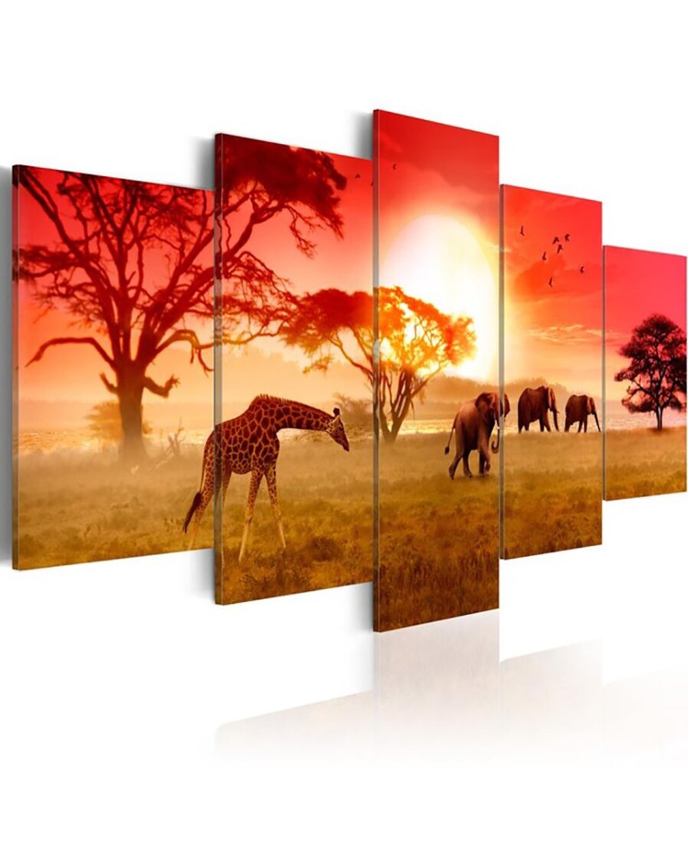 Elephant Giraffe Sunset Picture Print Scenery 5 Panel Canvas Art Wall Decor front-4