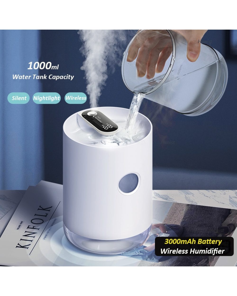 Home Air Humidifier 1L 3000Mah Portable Wireless Usb Aroma Water Mist Diffuser Battery Life Show Aromatherapy Humidific front-0