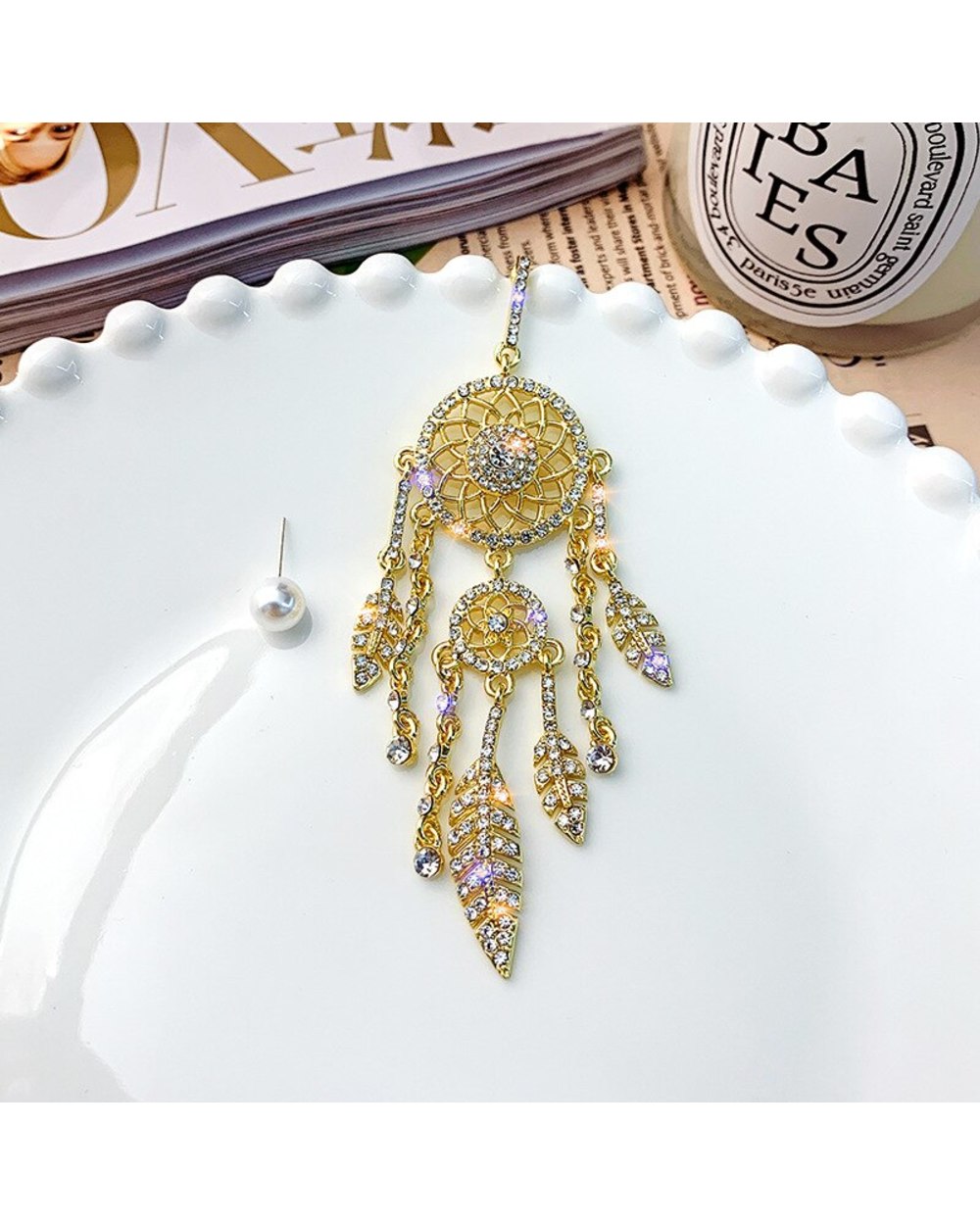 Vintage Crystal Feather Drop Earrings for Women Pearl Asymmetric Dangle Earrings Accessories front-1