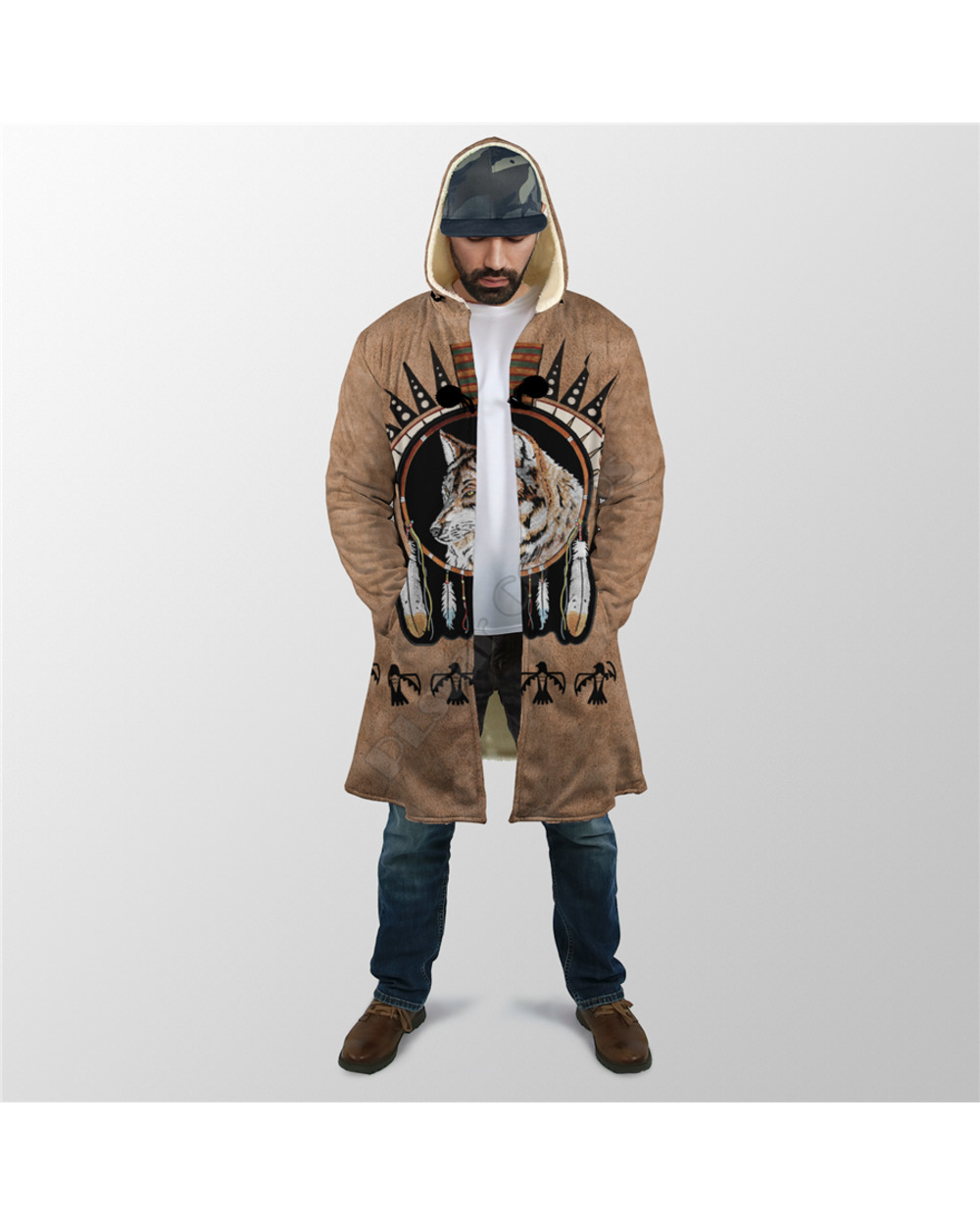 Winter Men For Women Hooded Cloak Wolf 3D All Over Prined Fleece wind breaker Warm Hood Cloak front-2