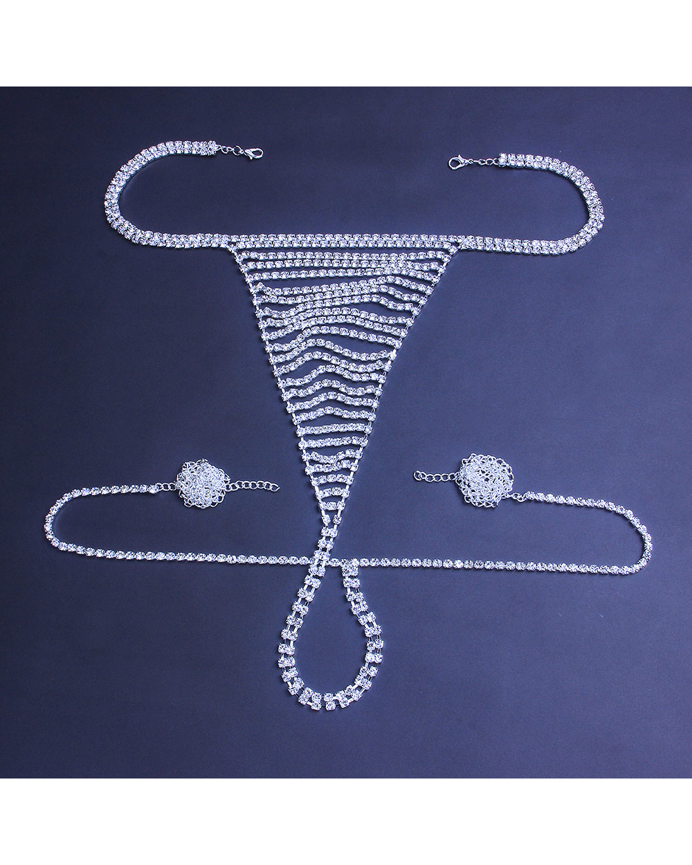 Rhinestone Chain Body Lingerie Set Charm Thong Tassel Bra front-2