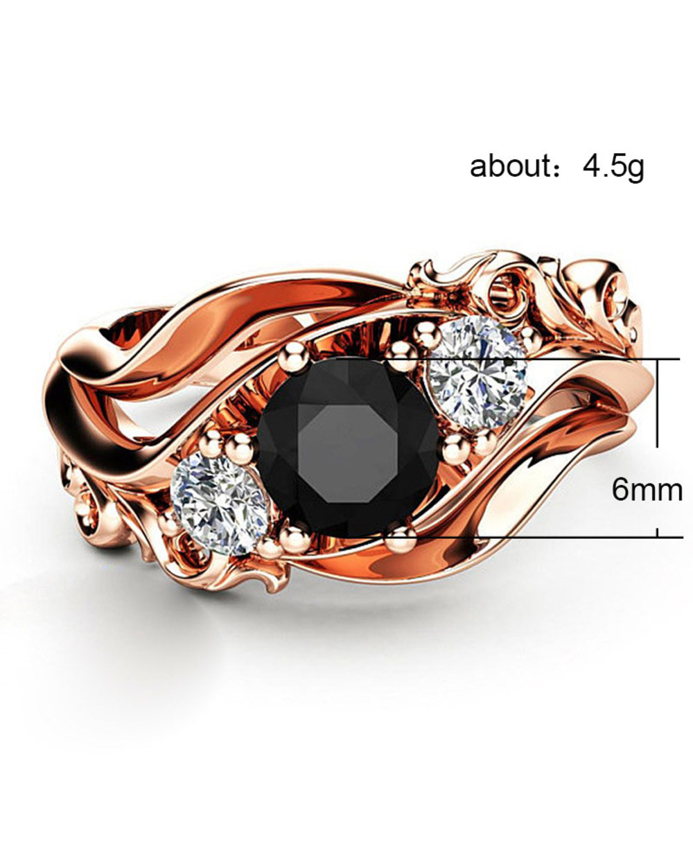 Huitan Witch Ring Unique Black Stone Prong Setting Twist Band Design Rose Gold Color Women Engagement Finger Rings Whole front-5
