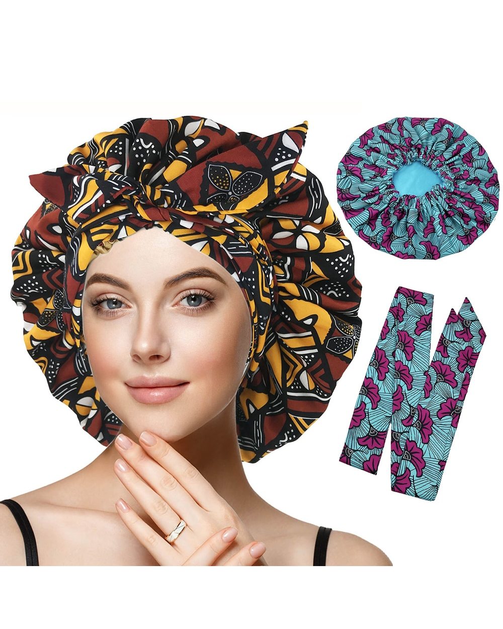 New African Ankara Pattern Satin Linned Bonnet Women Long Ribbon Headwrap Double Layer Headscarf Big Size Adult Hair Co front-0
