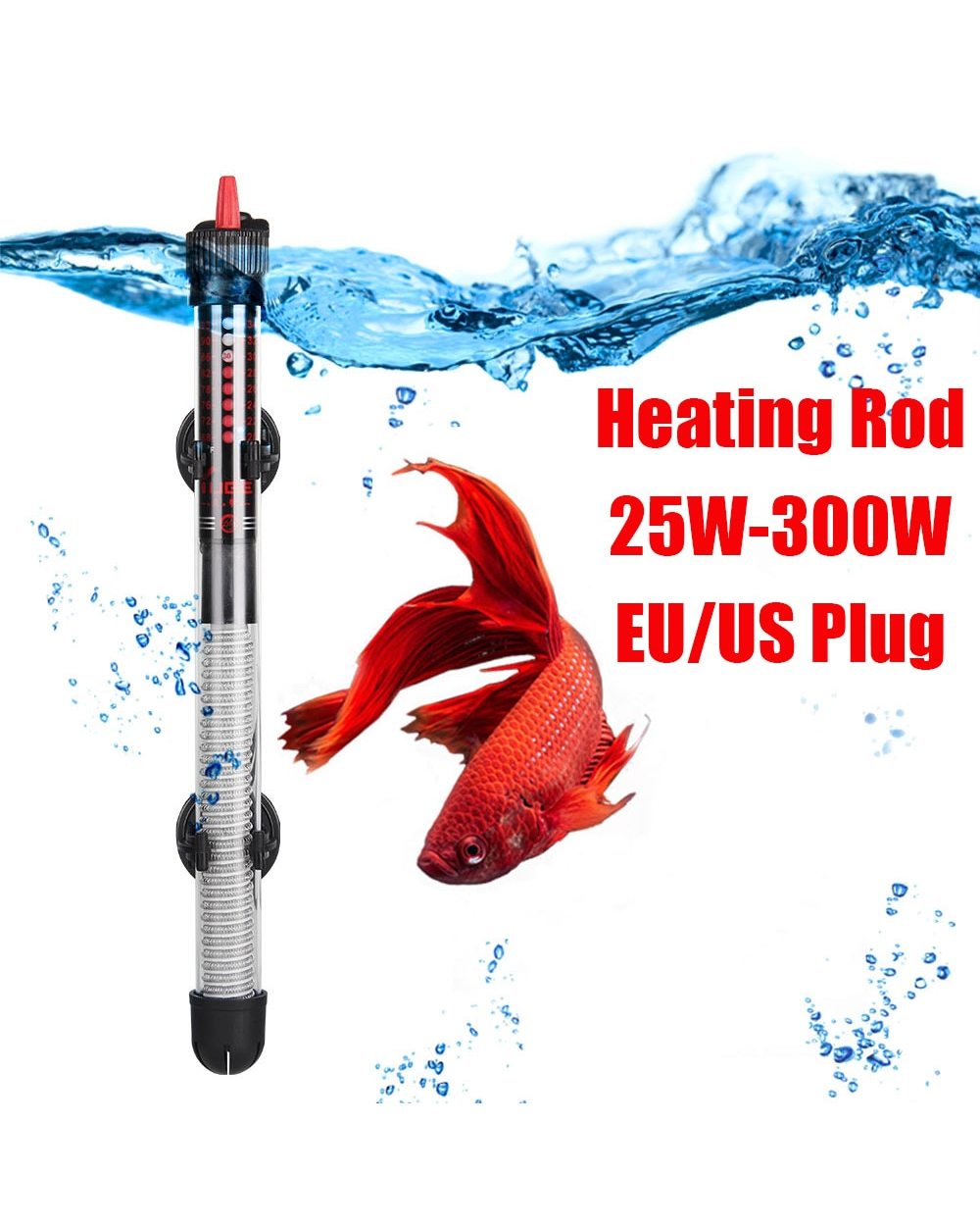 EU US Adjustable Temperature Thermostat Heater Rod Submersible Aquarium Fish Tank Water Heat 25W/50W/100W/200W/300W front-0