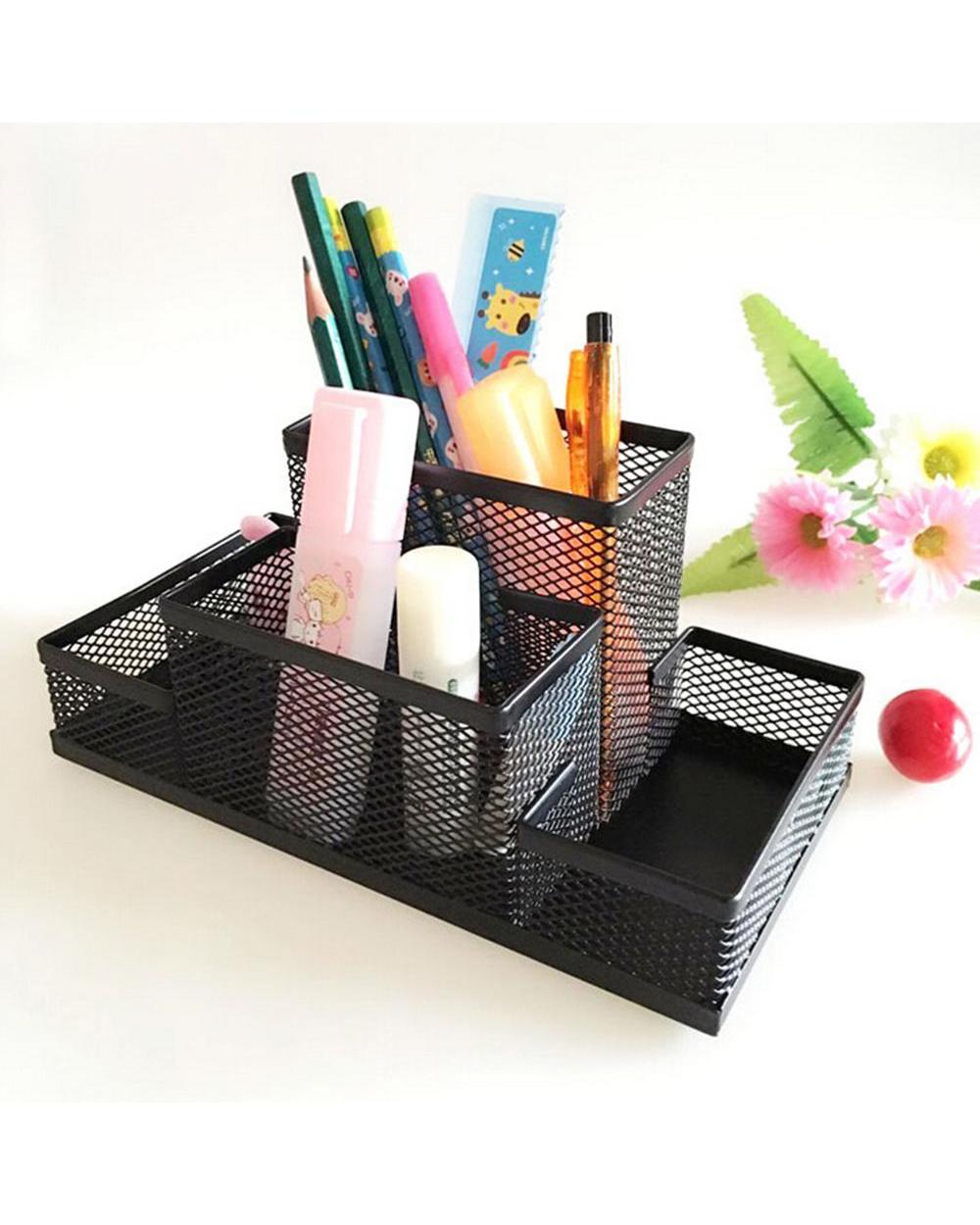 1Pc Black Metal Mesh Box Pen Pencils Holder Case Desk Stationery Storage Organizer Home Office Useful Save Space front-3