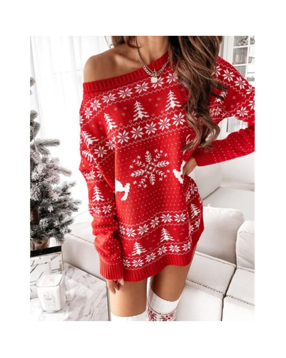 Women Christmas Sweater Dress Autumn Winter Long Sleeve Off Shoulder Kniteed Casual Pullover Oversized Fashion Jumper front-5