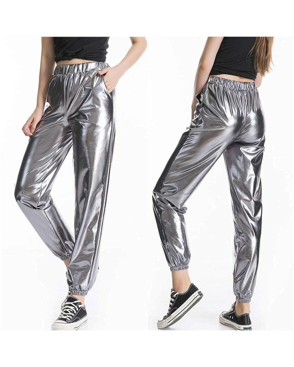 Metallic Shiny Jogger Pants Women Harem Hip Hop High Waisted Glittening Streetwear Elastic Trousers front-1