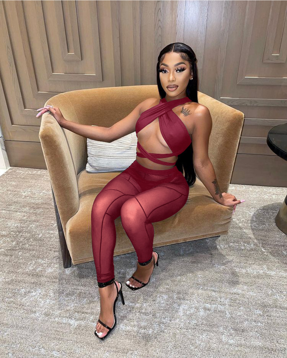 3 Pieces Set Bandage Lace Up Halter Crop Top Sheer Mesh Pants set front-4