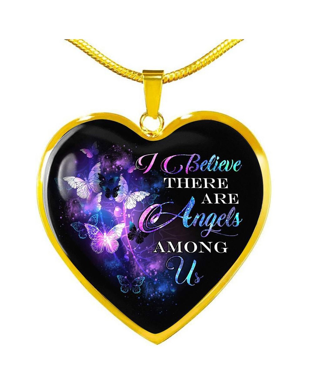 Butterfly Heart Shape Pendant Necklace I Believe There Are Angels Among Us front-2