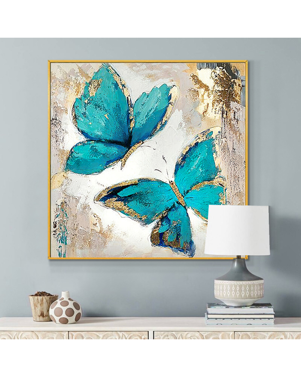 Gold Foil Two Blue Butterflies Oil Painting On Canvas Wall Art Posters And Prints Nordic Wall Picture For Living Room H front-1