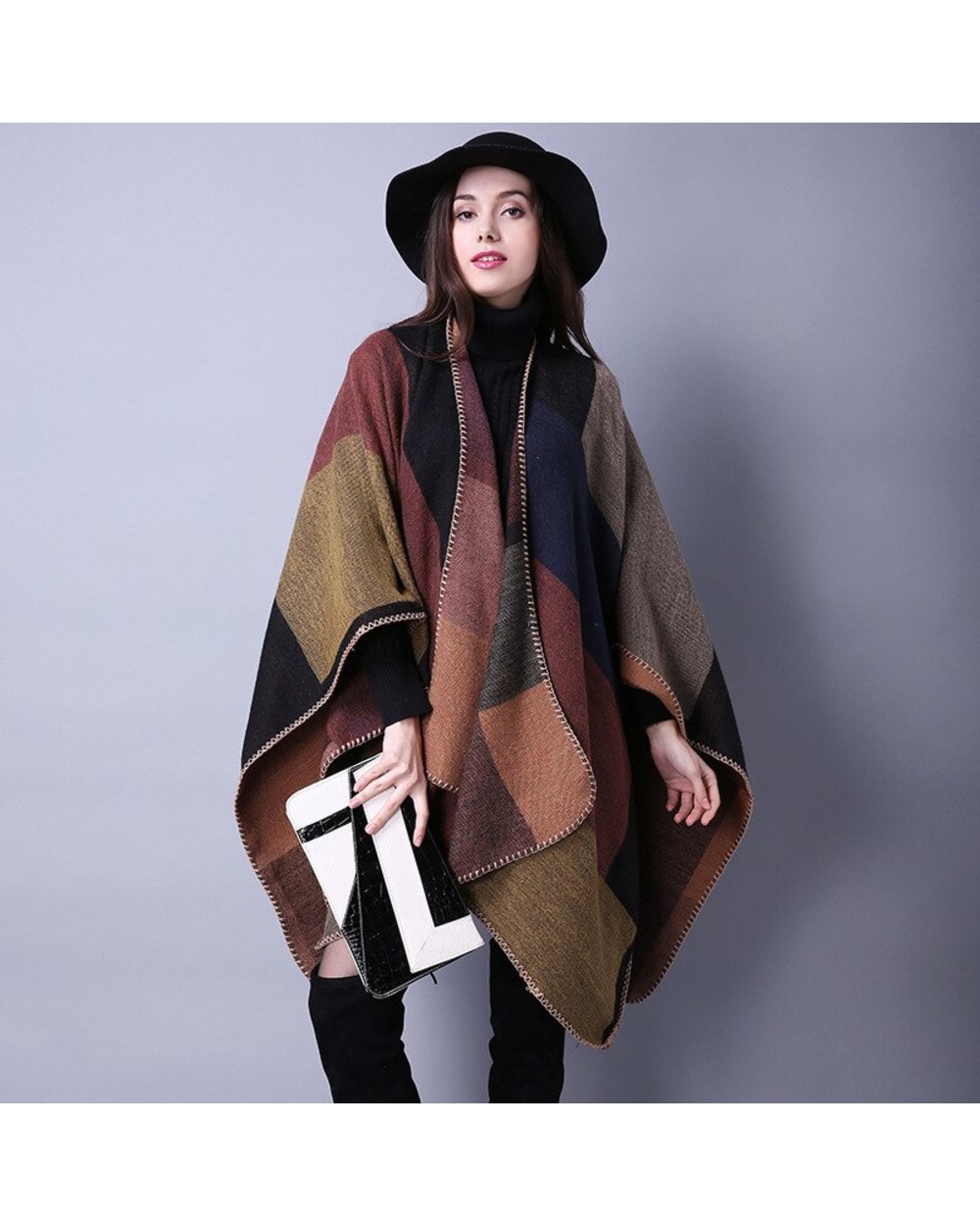 Johnature Women Vintage Poncho Wraps Imitation Wool Cotton Thick Cloak 2021 Autumn Winter New Patchwork Fashion Women front-3