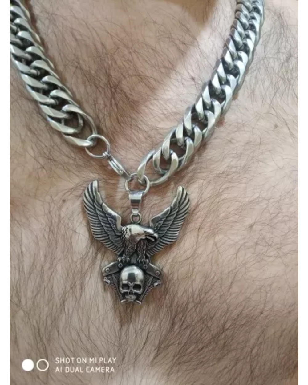 316L Stainless Steel Silver Biker Skull Eagle Engine Pendant front-2