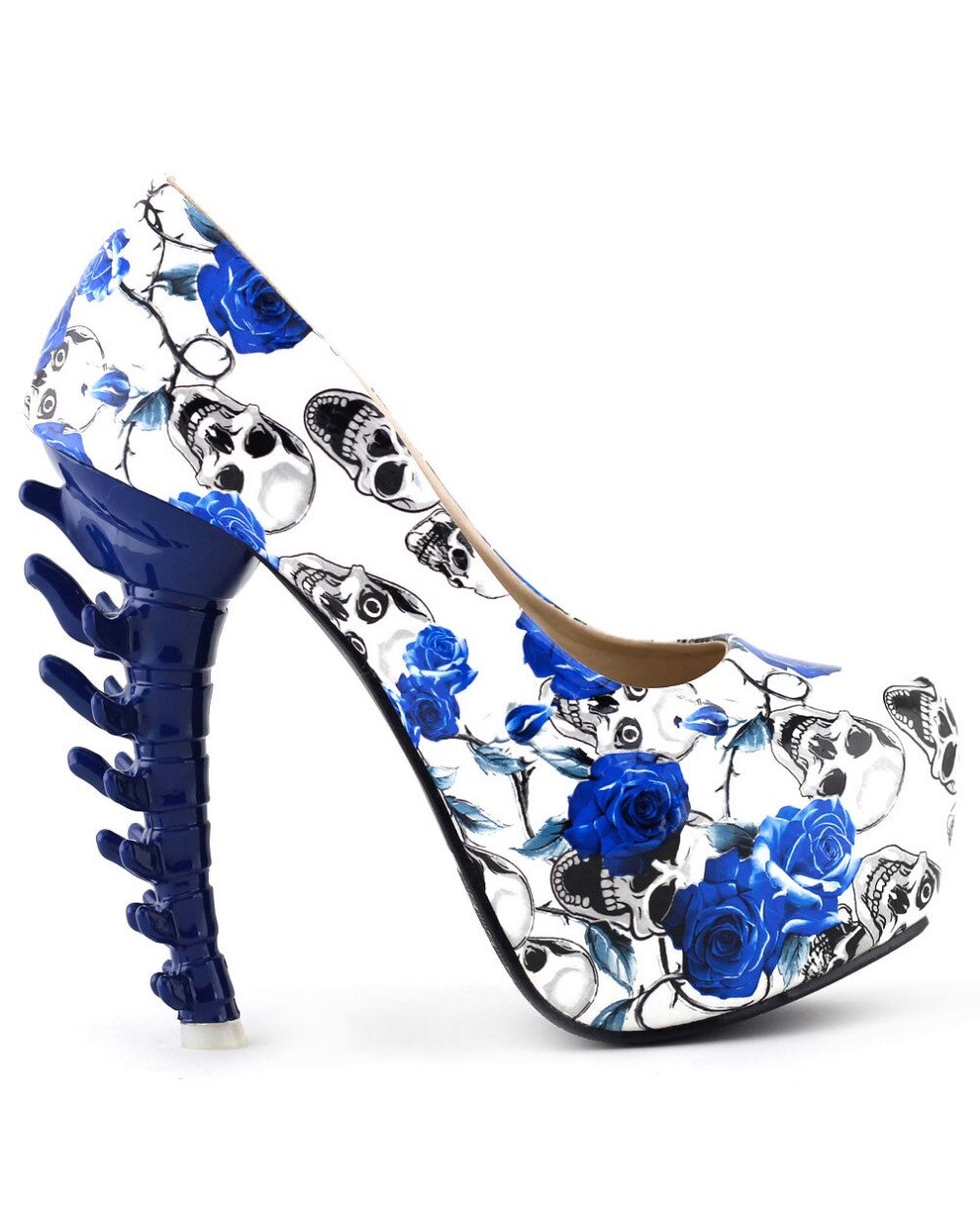LF80610 Beige Skull Rose Print Platform Bone Heel Party Club Pumps front-1