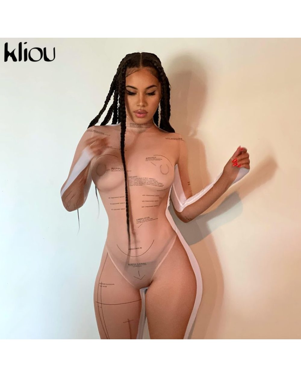 Sexy Mesh Jumpsuit Women Geometric Letter Print See Through Sheath Slim Long Sleeve Party Clubwear front-5