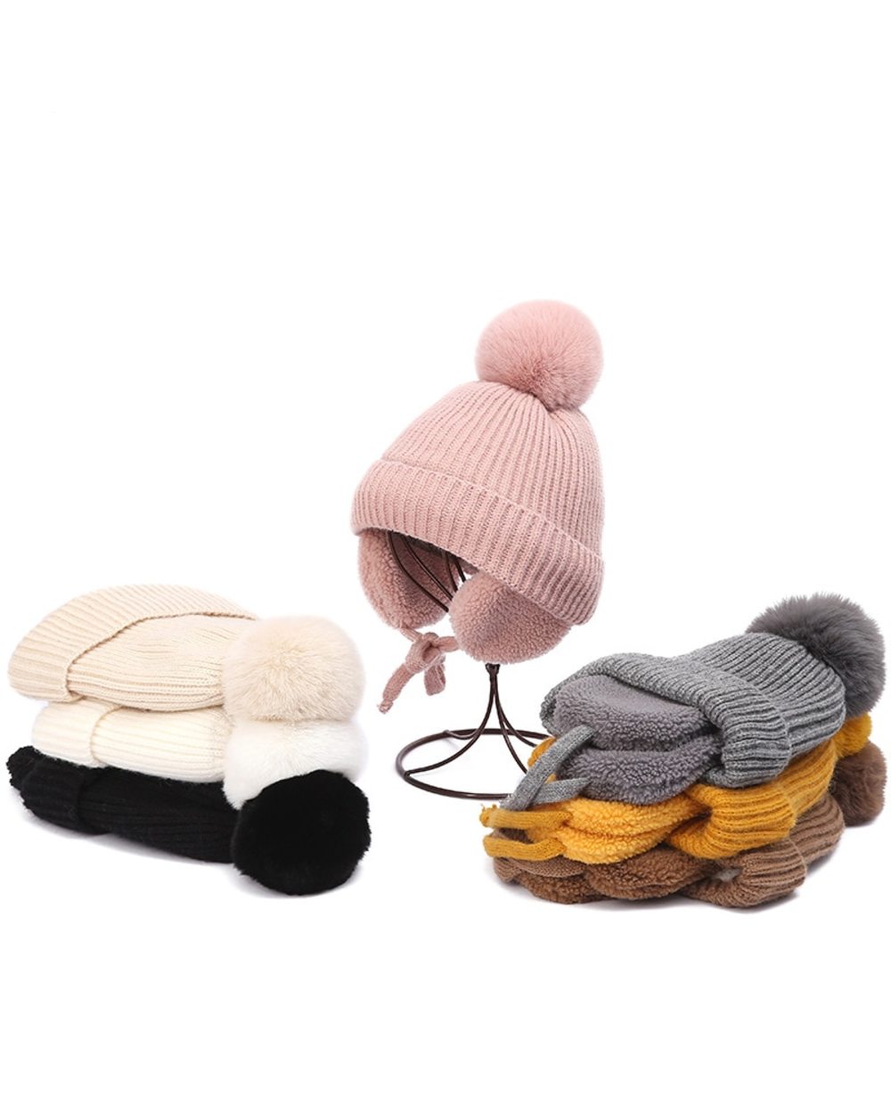 Children Winter Cap New Fashion Wool Windproof Warm Earflaps Cotton Cute Knitted Cashmere Hat With Pompoms 3-8 Year front-4