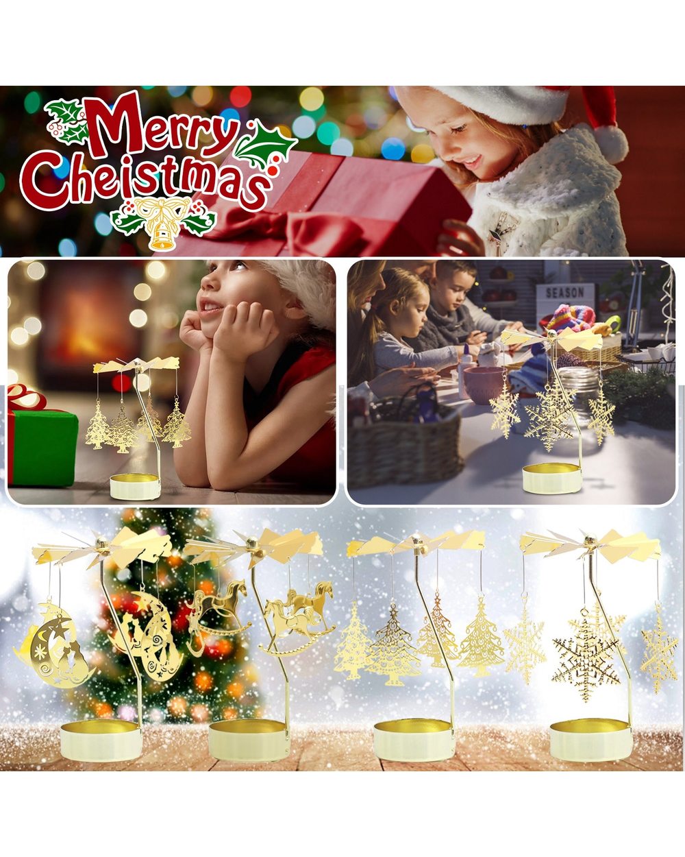 Gold Christmas Aromatherapy Candle Holder Decoration Heart Golden Revolving Lantern Revolving Christmas Decoration front-0