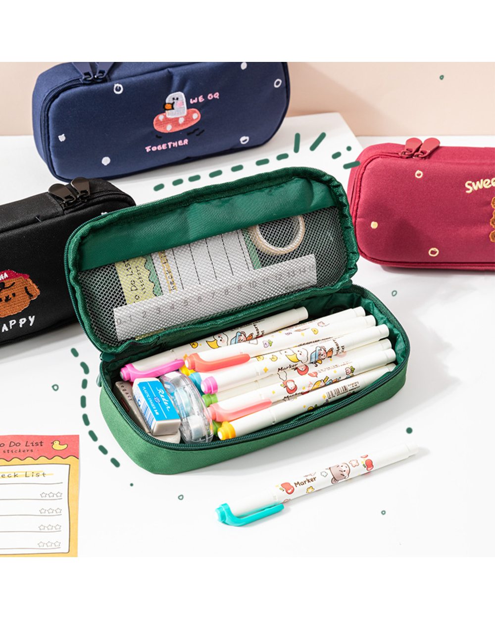Cartoon Animal Embroidery Pencil Bag Pen Case Sweet Dinosaur Bear Dog Duck Storage Pouch Stationery School Supplies A69 front-0