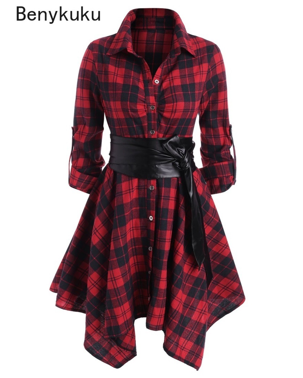 Casual Dress Red Plaid with Belt and Roll Tab Sleeve front-0