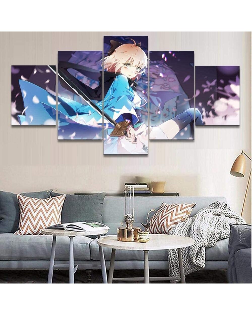Anime Manga Kimono Girl Katana Figure Picture Print Anime 5 Panel Canvas Art Wall Decor front-0