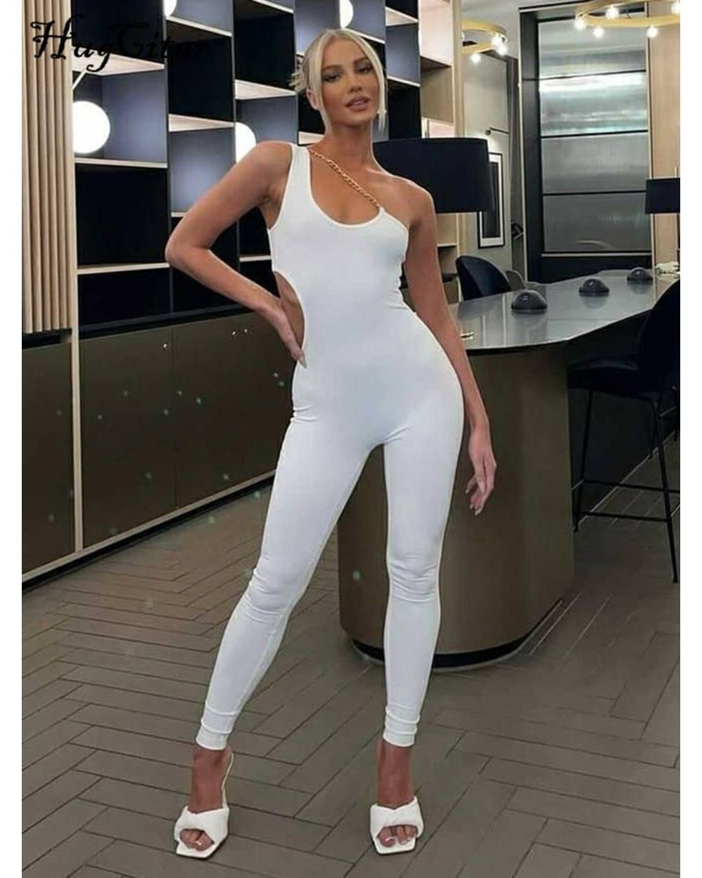 Hugcitar Jumpsuits Hollow Out Sleeveless Sexy Bodycon Evening Party Elegant Y2K Clothes front-1