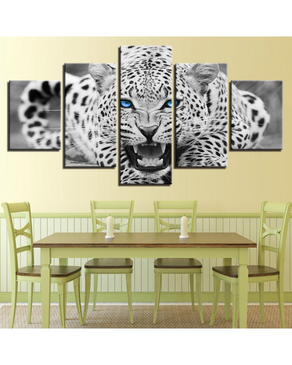 Blue Eyes Animal Leopard Growling Picture Print Animal 5 Panel Canvas Art Wall Decor front-1