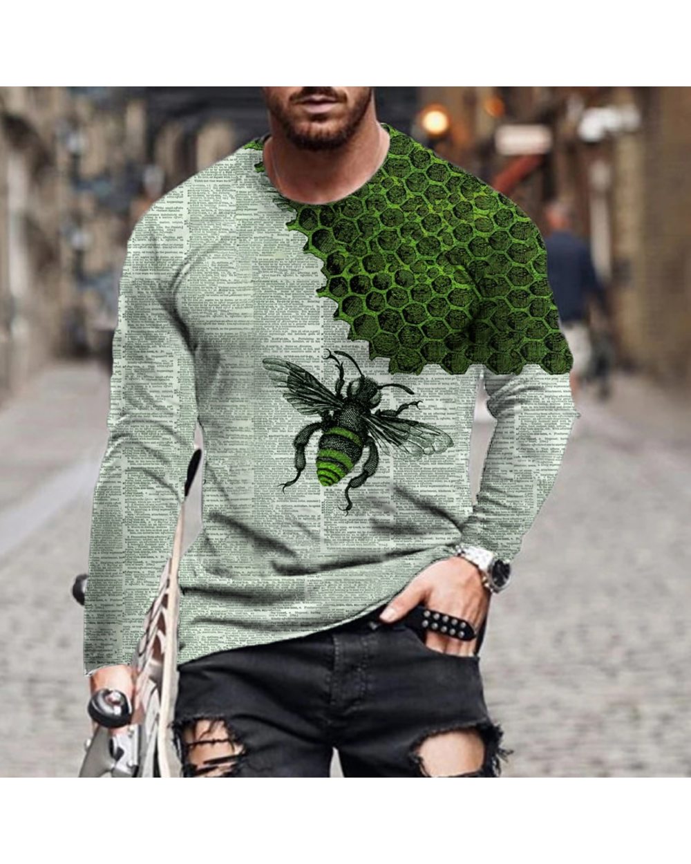 2021 new European and American summer hip-hop men's 3D t-shirt new cartoon printing bee long-sleeved casual fashion spor front-0