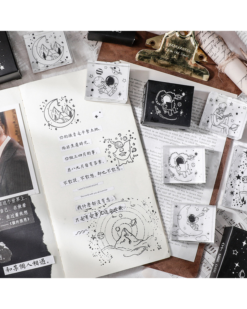 Vintage Universe Mountain Spaceman Moon Stamp Diy Acrylic Rubber Stamps For Stationery Scrapbooking Transparent Stamps front-3