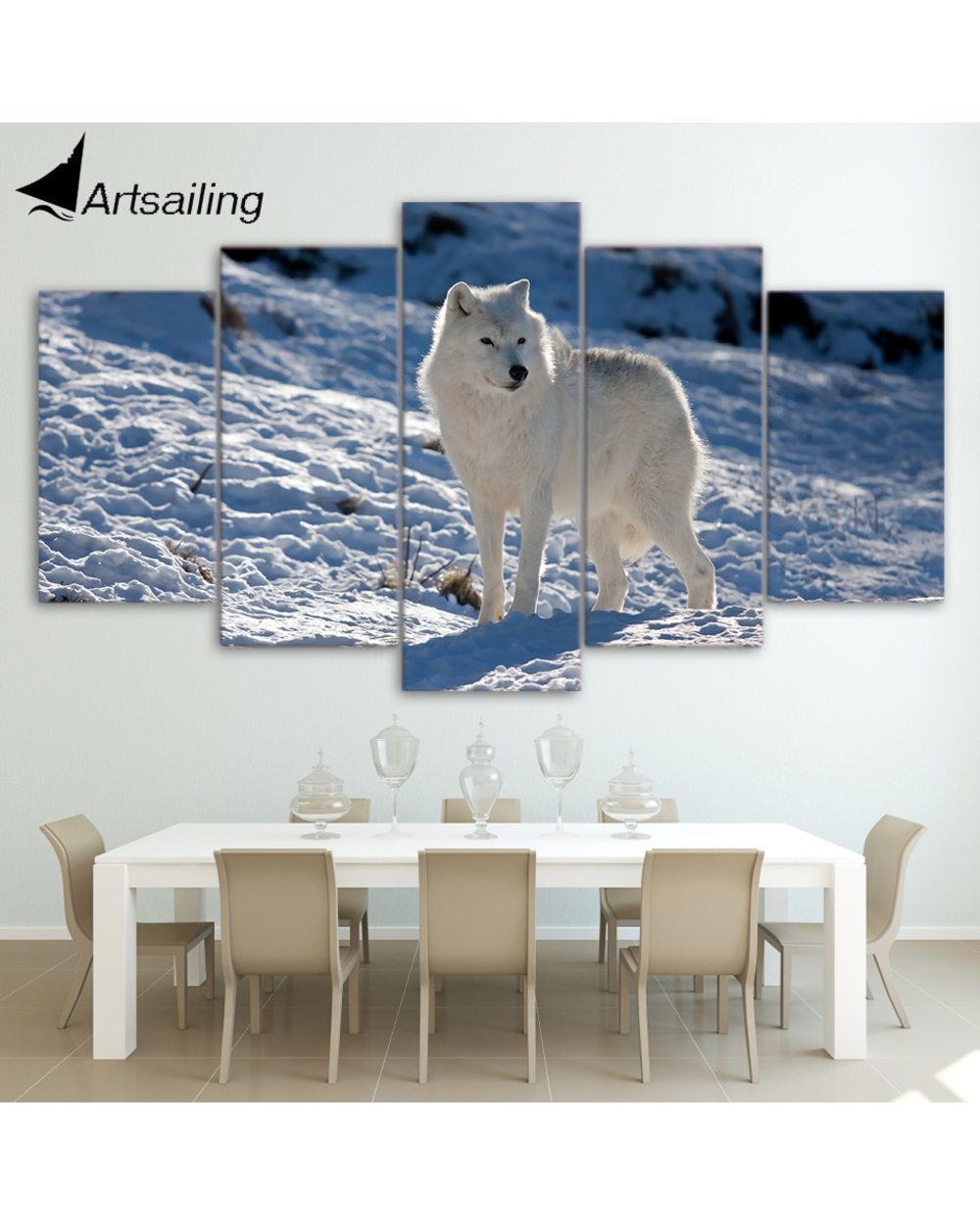 White Snow Wolf Painting Snow Mountain Picture Print Animal 5 Panel Canvas Art Wall Decor front-3