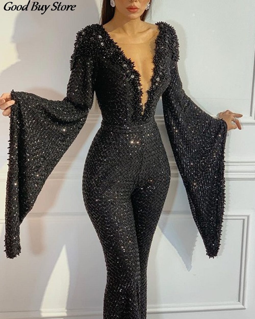 Big Flare Sleeve Jumpsuit Clubwear 2021 Women Fashion Sequins Party Jumpsuits Low Cut Long Pants Overalls Suit Female Ro front-1
