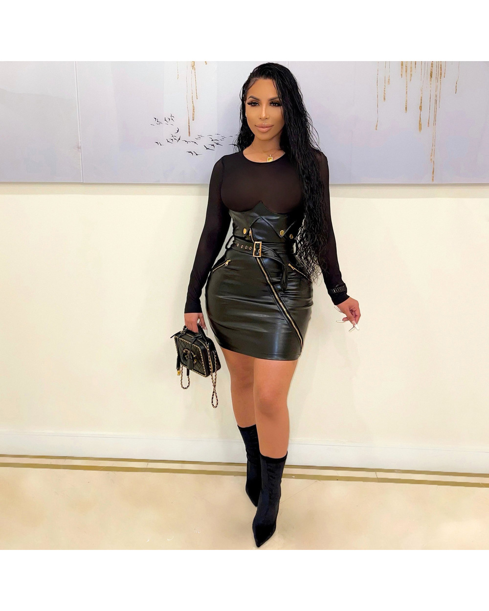 2022 Sexy PU Faux Leather Dress with Belt Women Elegant Long Flare Sleeve Bodycon Night Short Party Mini Club Dresses front-0