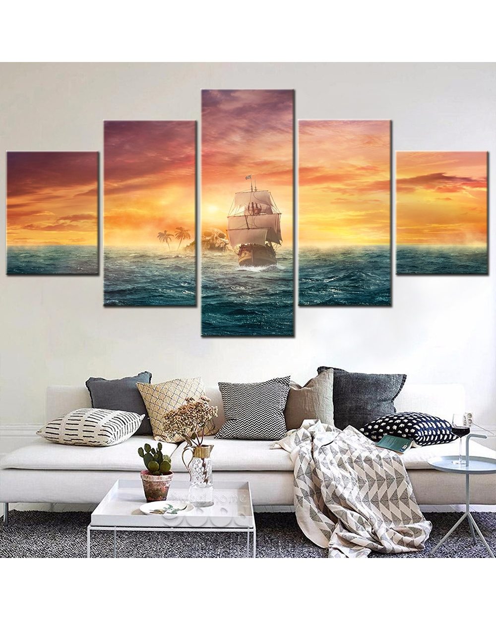 Seascape Sailboat Drifting Picture Print Scenery 5 Panel Canvas Art Wall Decor front-2
