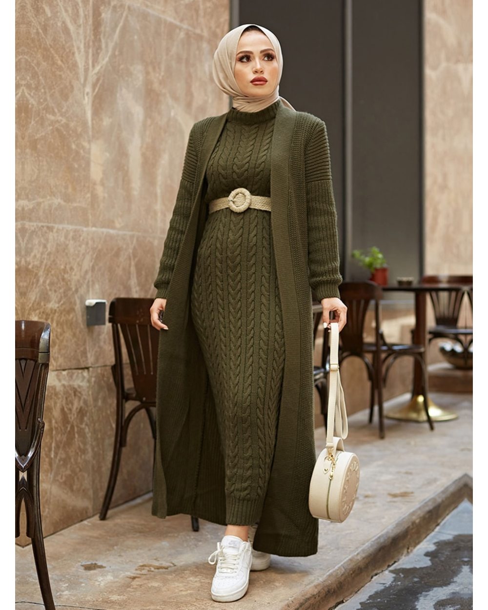 Women Dress Autumn Winter 2 Piece Hijab Knitwear Suit Islamic Muslim Clothing Long Cardigan Model front-3